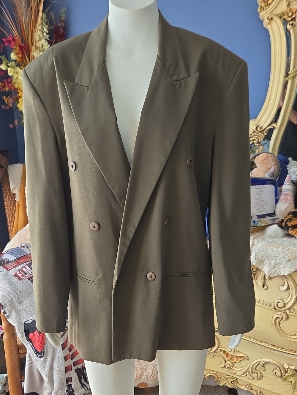 Mens Classic Double-Breasted Olive Blazer
